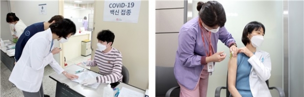 서울시 서남병원 장성희 병원장이 접수 및 체온측정을 진행(왼쪽)한 후 원내에서 가장 처음으로 코로나19 백신을 접종하고 있다.