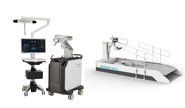 CUREXO’s robot for spinal surgery “CUVIS-spine (left)” and for walking rehabilitation “Morning Walk (right)”