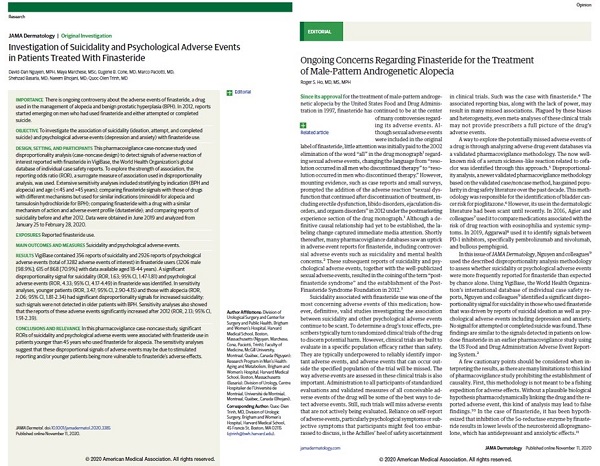 11월11일 온라인 출간된 피나스테리드와 자살연관성에 대한 자마피부과(JAMA Dermatology)의 원논문(왼쪽)과 같은 호에 실린 반박하는 사설(오른쪽).