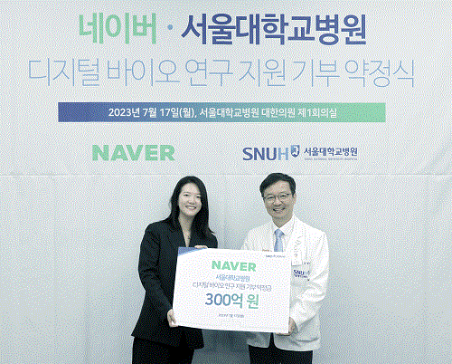 서울대병원이 네이버로부터 3년간 디지털바이오분야 연구지원기금 300억 원을 기부받는다.